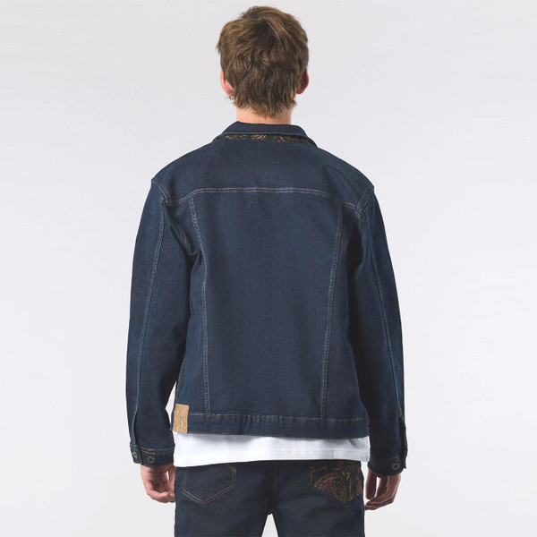 Pretty Green Parthian Mod Paisley Trim Denim Jacket in Blue back photo on model