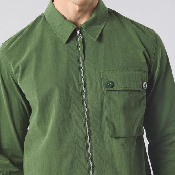 Pretty Green Feltham Men's Retro Zip Through Overshirt in Khaki close up on front