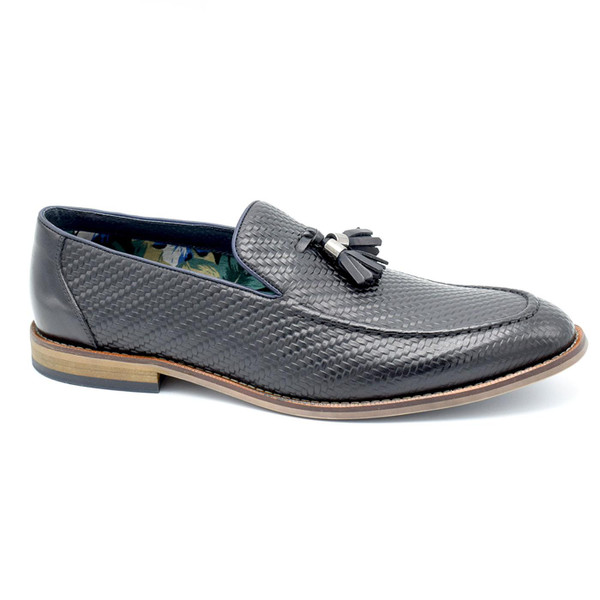 Paolo Vandini Mollcroft Men's Mod Tassel Weave Leather Loafers in Navy Side View