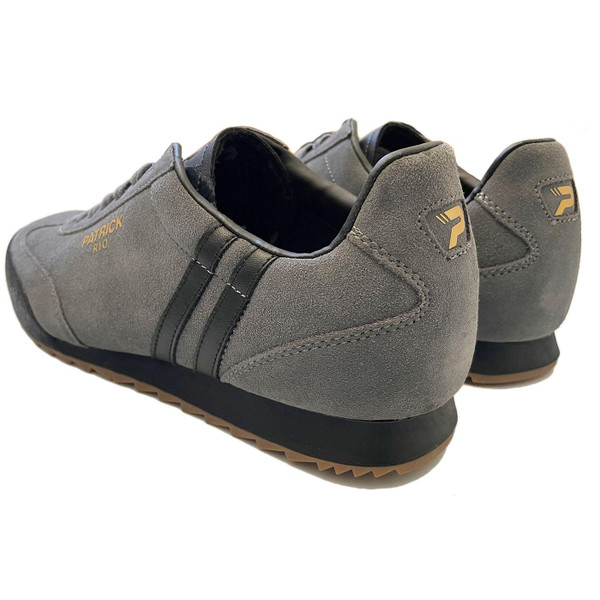 Patrick Rio Men's Retro 80s Suede Terrace Trainers in Charcoal and Black both sneakers pictured from back