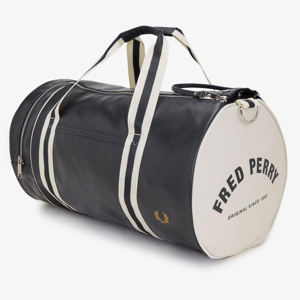 Fred Perry Retro 70s Northern Soul Classic Barrel Bag in Navy and Ecru L7255 635 pictured from front Fred Perry Retro 70s Northern Soul Classic Barrel Bag in Navy and Ecru L7255 635 pictured from front