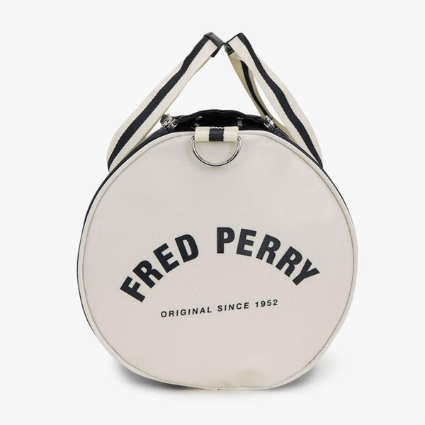 Fred Perry Retro 70s Northern Soul Classic Barrel Bag in Navy and Ecru L7255 635 picture of barrel end Fred Perry Retro 70s Northern Soul Classic Barrel Bag in Navy and Ecru L7255 635 picture of barrel end