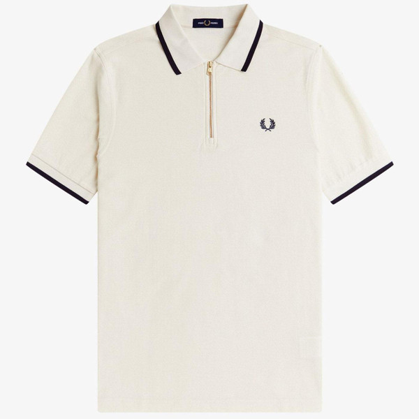 Fred Perry Men's Mod Zip Neck Crepe Pique Polo Shirt in Ecru 