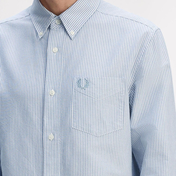 Fred Perry Men's Mod Button Down Oxford Stripe Shirt in Blue and White close up on collar