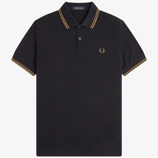 Fred Perry M3600 Twin Tipped Pique Polo Shirt in Black and Shaded Stone S77
