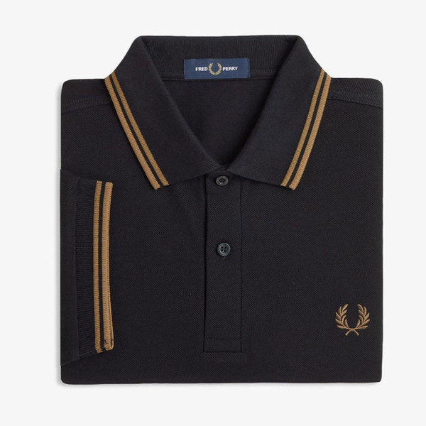 Fred Perry M3600 Twin Tipped Pique Polo Shirt in Black and Shaded Stone M3600 S77 pictured folded