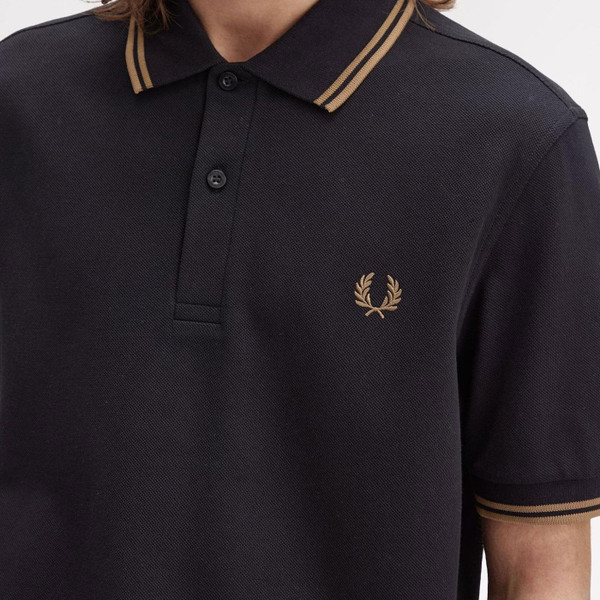 Fred Perry M3600 Twin Tipped Pique Polo Shirt in Black and Shaded Stone M3600 S77 close up picture