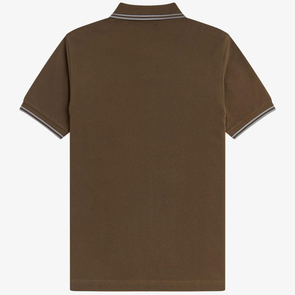 Fred Perry M3600 Twin Tipped Polo Shirt in Burnt Tobacco and Stockport Blue 49A pictured from back