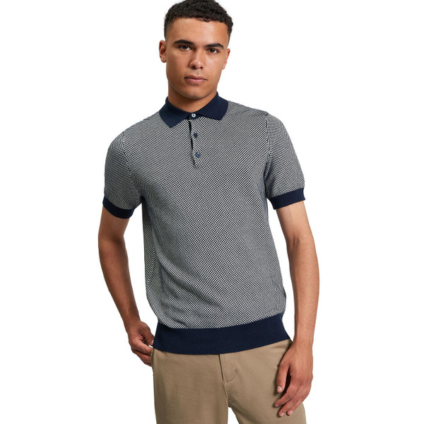 Ben Sherman Men's Mod Bi-Coloured Textured Polo Shirt in Dark Navy 1013027 025 pictured on model