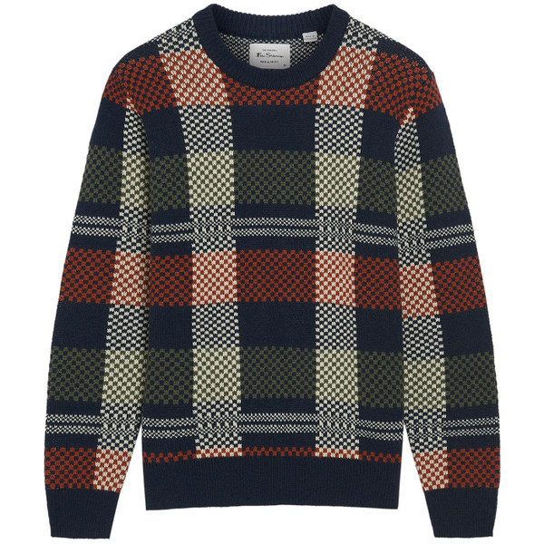 Ben Sherman Wool Blend Retro Block Stripe Check Jumper in Dark Navy