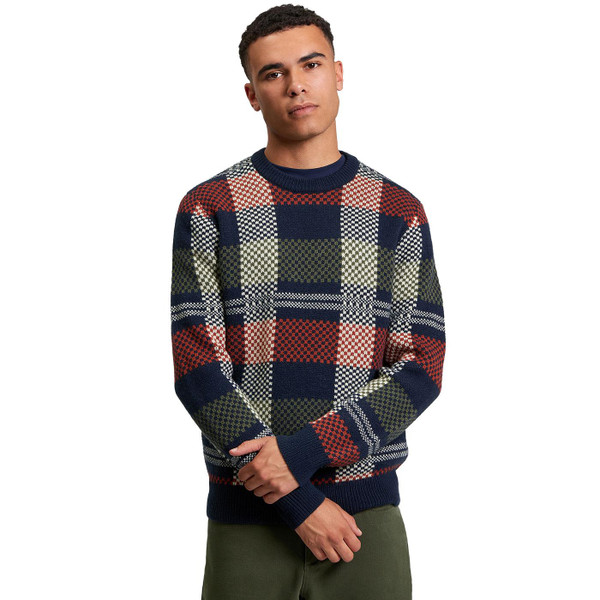 Ben Sherman Wool Blend Retro Block Stripe Check Jumper in Dark Navy pictured on model