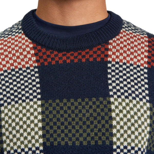 Ben Sherman Wool Blend Retro Block Stripe Check Jumper in Dark Navy close up on pattern