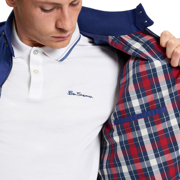Ben Sherman Mod Check Lined Harrington Jacket in Persian Blue 1012350 190 close up on check lining