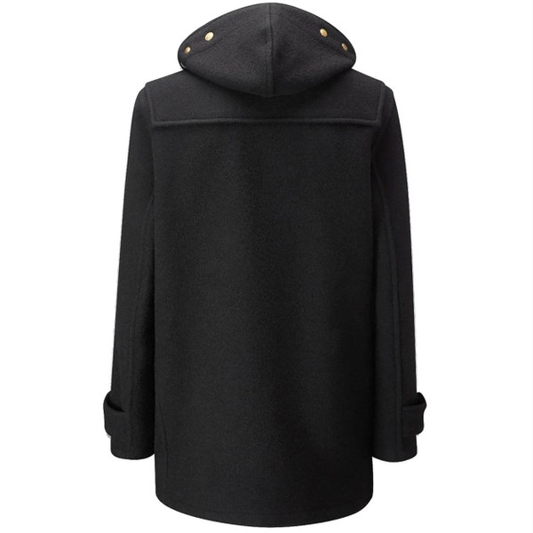 Back of Gloverall Mid Monty Mod 60s Wool Duffle Coat in Black