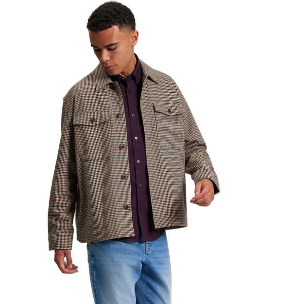 Ben Sherman Men's Mod Houndstooth Check Chore Jacket in Brown front picture jacket open