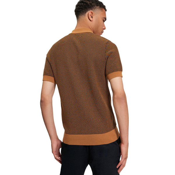 Ben Sherman Men's Retro Two Tone Textured Knit Polo Shirt in Camel back picture on model