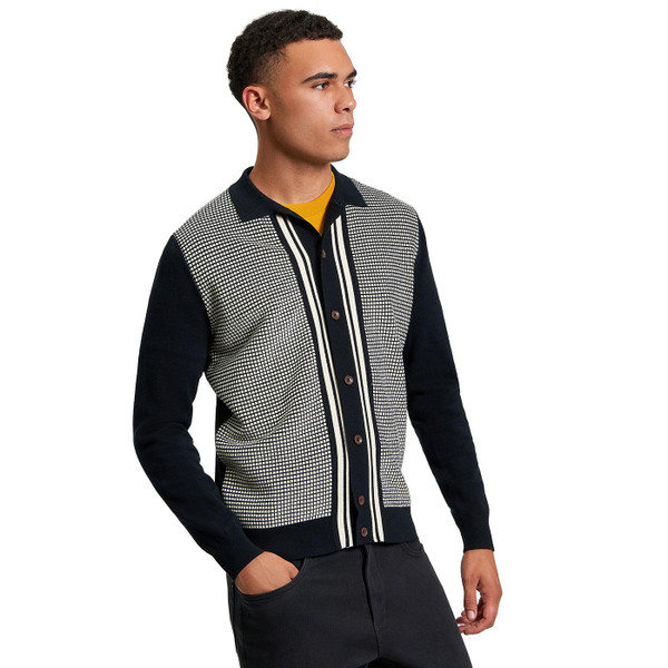 Ben Sherman Mod Check Stripe Knitted Button Through Polo Cardigan in Black pictured on model