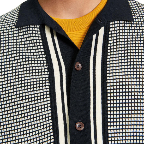 Ben Sherman Mod Check Stripe Knitted Button Through Polo Cardigan in Black close up