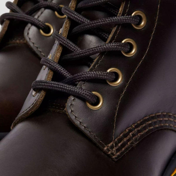 Dr Martens 1460 Serena Faux Fur Lined Orleans Leather Chelsea Boots in Brown close up on laces