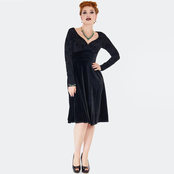 Voodoo Vixen Black velvet 50s vintage evening dress with rose detail – front view