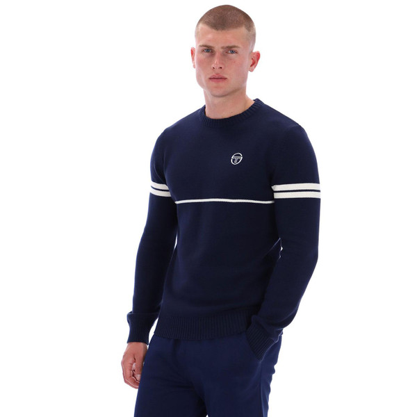 Sergio Tacchini Orion Men's Retro 80s Stripe Jumper in Maritime Blue STM21145 220 pictured from side