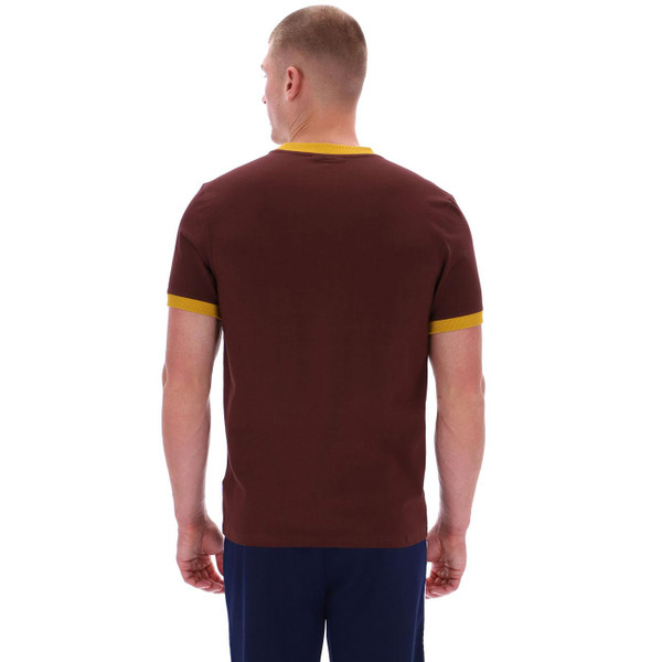 Sergio Tacchini Trieste Stripe Sleeve Ringer T-shirt in Bitter Chocolate pictured on model from back