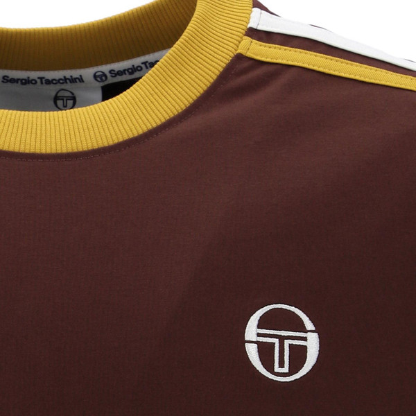 Sergio Tacchini Trieste Stripe Sleeve Ringer T-shirt in Bitter Chocolate close up on front