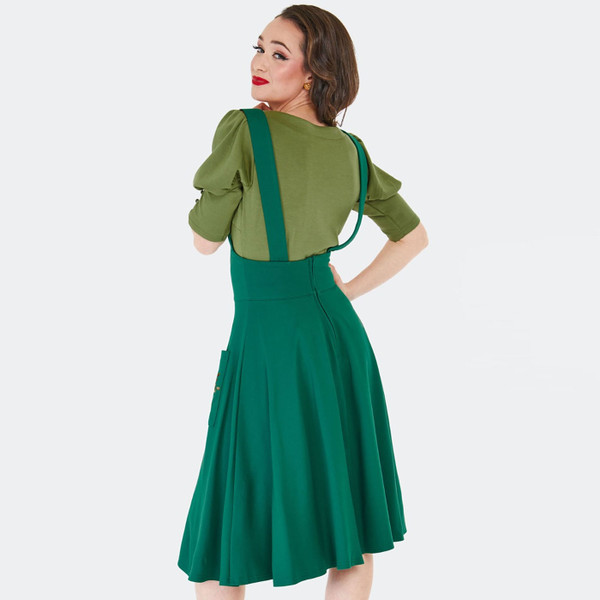 Back of Voodoo Vixen Forest Fox Woodland Embroidered 50s Style Suspender Skirt in Green