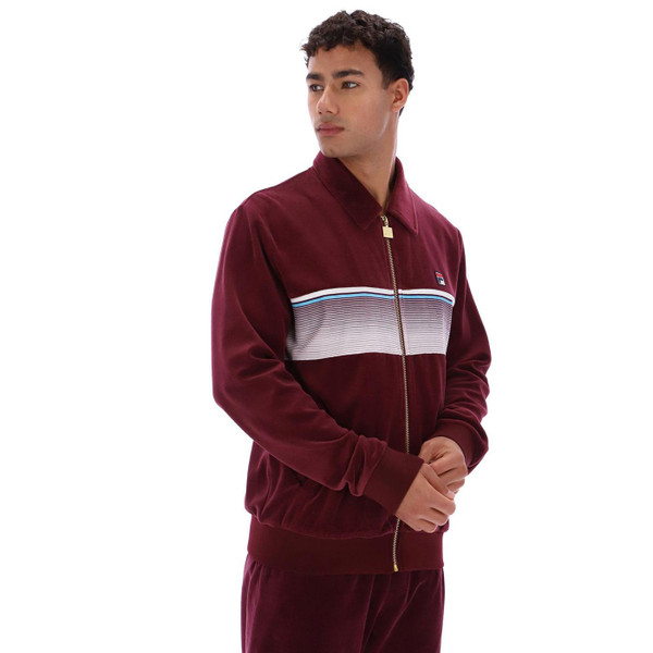 Fila Vintage Malakai Retro 80s Stripe Velour Track Jacket in Fig pictured pictured on model from side