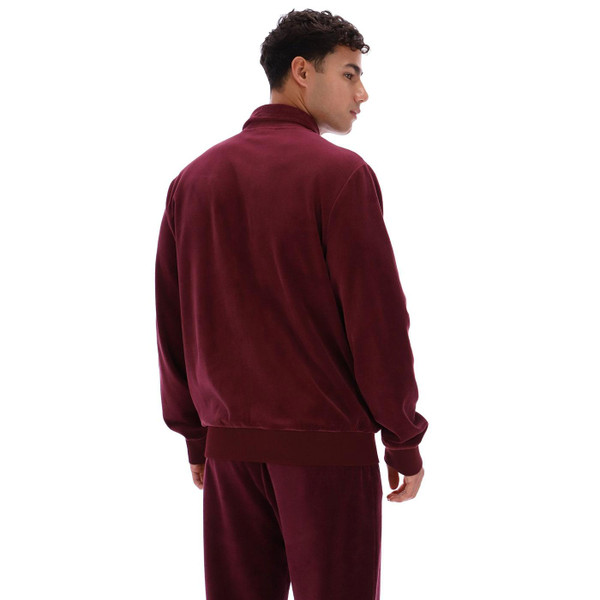 Fila Vintage Malakai Retro 80s Stripe Velour Track Jacket in Fig pictured pictured on model from back