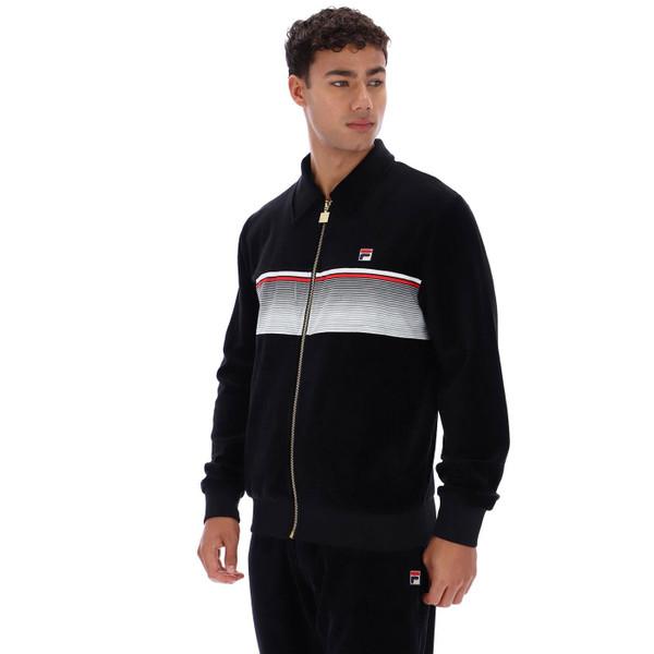 Fila Vintage Malakai Retro 80s Stripe Velour Track Jacket in Black pictured on model from left side