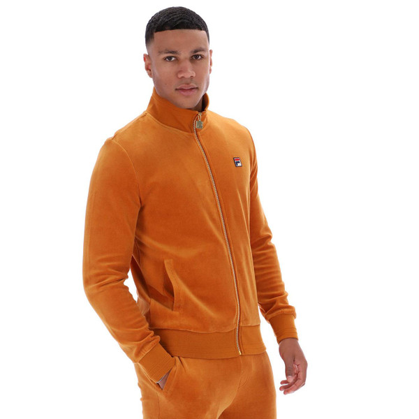 Fila Vintage Nero Retro 80s Velour Track Jacket in Pumpkin Spice pictured on model side view