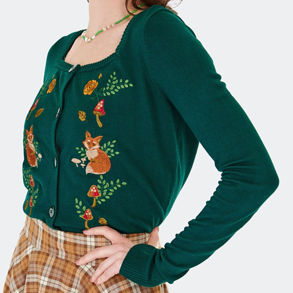 Sleeve and embroidery on Voodoo Vixen Women's Retro 50s Embroidered Fox & Toadstool Cardigan in Green