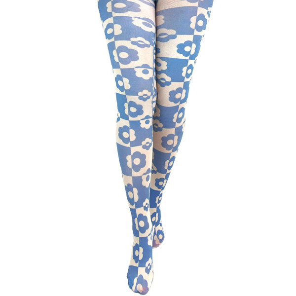 Pamela Mann Retro 60s Daisy Checkerboard Print Tights in white and Blue