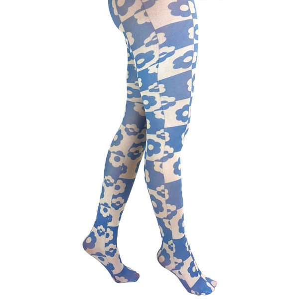 Side of Pamela Mann Retro 60s Daisy Checkerboard Print Tights in white and Blue