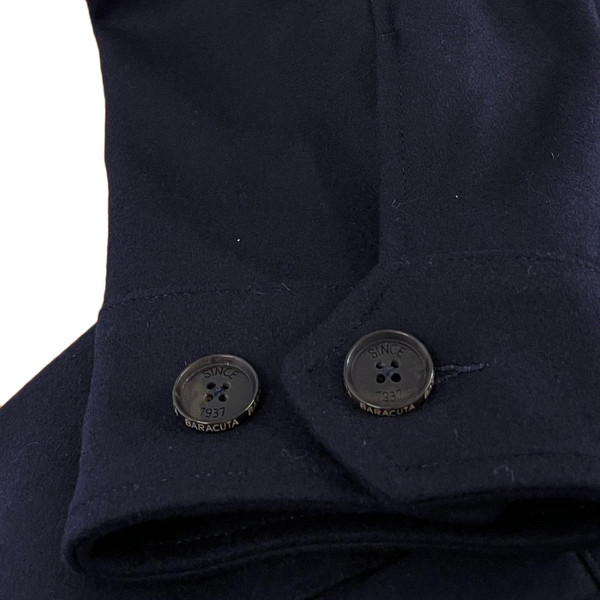 Baracuta G18 Made in England Melton Bomber Jacket in Deep Blue close up on cuff buttons