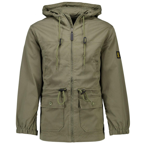 Trojan Men's Mod Peached Twill Badged Parka Jacket in Army Green
