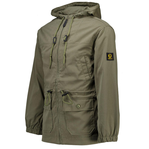 Trojan Men's Mod Peached Twill Badged Parka Jacket in Army Green pictured from side