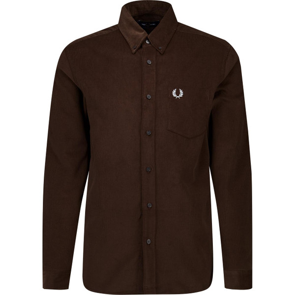 fred perry mens retro needle cord long sleeve button down shirt tobacco brown