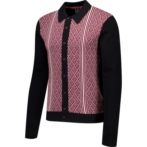 merc london mens diamond pattern jacquard knit panel button through long sleeve polo top cavern black