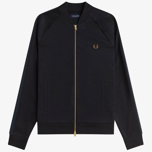 Fred Perry Blackwatch Tartan Taped Track Top in Black pictured from front