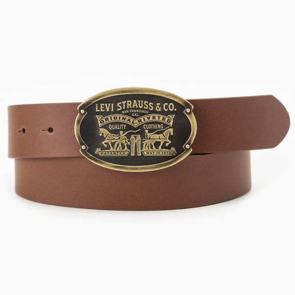 Levi's Billy Plaque Retro 70s Leather Belt in Toffee Brown