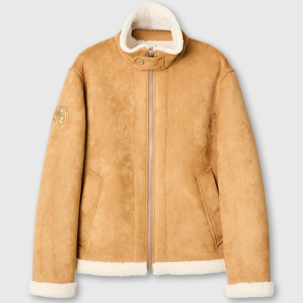 Pretty Green Ashcroft Retro 70s Faux Shearling Flight Jacket in Taupe