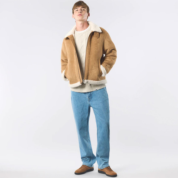 Pretty Green Ashcroft Retro 70s Faux Shearling Flight Jacket in Taupe pictured on model