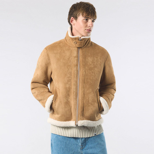 Pretty Green Ashcroft Retro 70s Faux Shearling Flight Jacket front picture on model