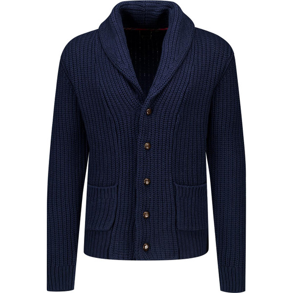 merc london mens tampere chunky wool blend ribbed knit button through shawl cardigan navy