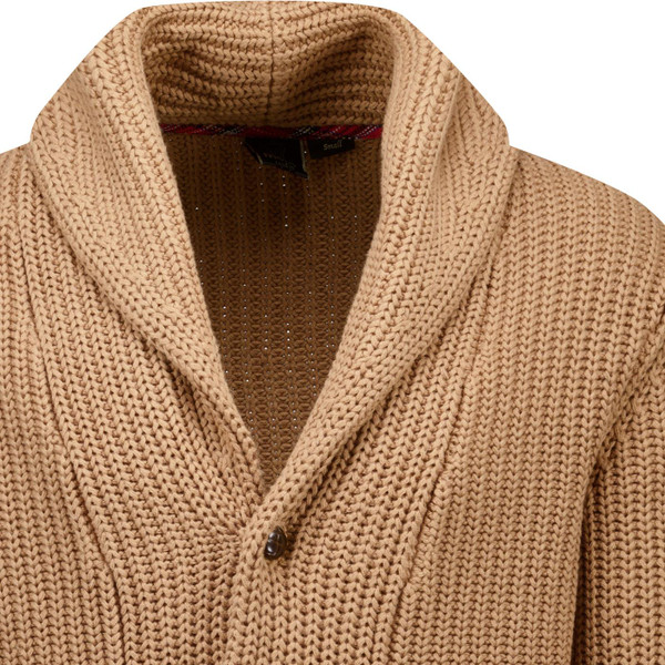 merc london mens tampere chunky wool blend ribbed knit button through shawl cardigan camel brown