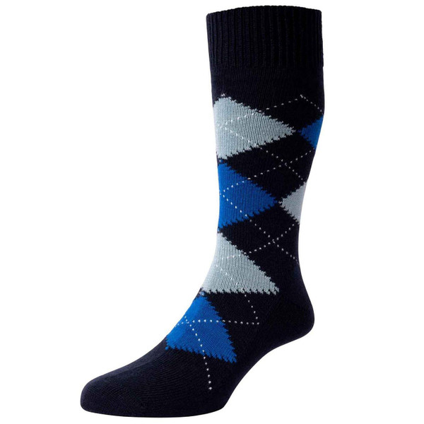 Pantherella Racton Men's Mod Argyle Merino Wool Socks in Navy Pantherella Racton Men's Mod Argyle Merino Wool Socks in Navy