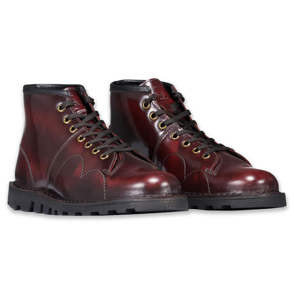 Grafters Men's Mod Brush Off Leather Monkey Boots in Bordeaux B430M both boots from front