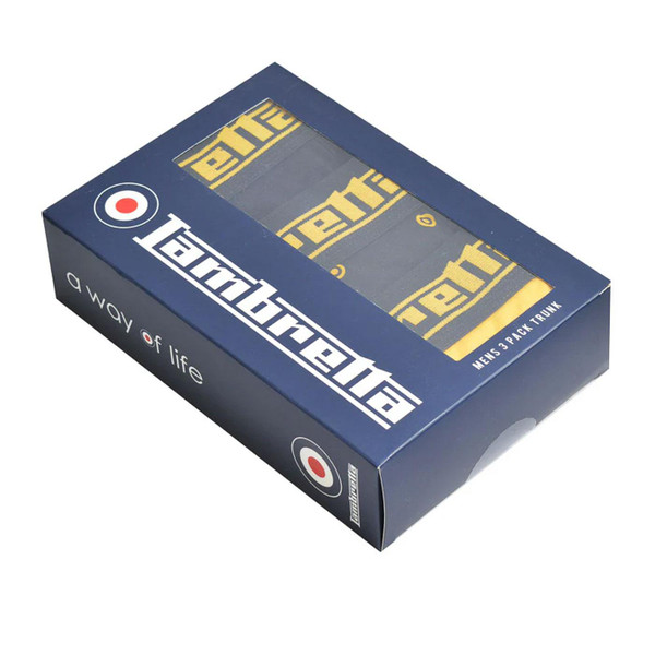 Lambretta 3 Pack Mod Target Boxer Shorts in Black and Gold SS1551 pictured in box